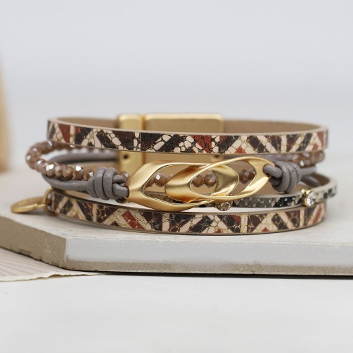 Printed Leather Bracelet with Golden Linked Double Ellipse by Peace of Mind